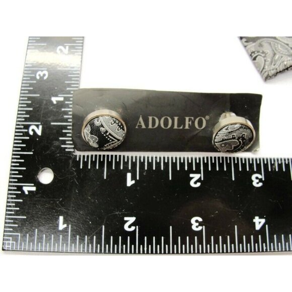 Adolfo Cufflinks Handkerchief Set Silver Tone Black Paisleys No Box - Picture 3 of 5